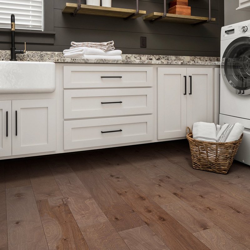 Basket laundry over brown hardwood from Domenic and Sons Floor Covering in Johnston, RI